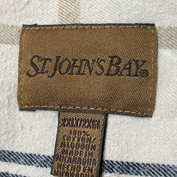 St. Johns Bay Beige & Navy Plaid Button-Down Shirt 2XL 100% Cotton Long Sleeve - Picture 3 of 6